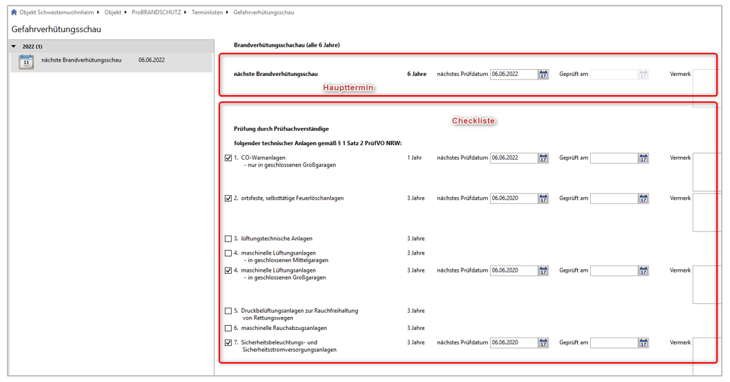 Beispiel für Terminliste eines Objekts